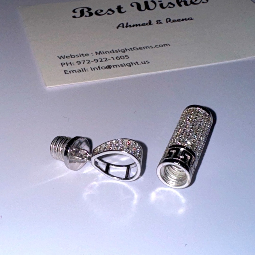 White Gold Vermeil Cylinder Urn Pendant Sparkling Swarovski Crystal Keepsake Urn